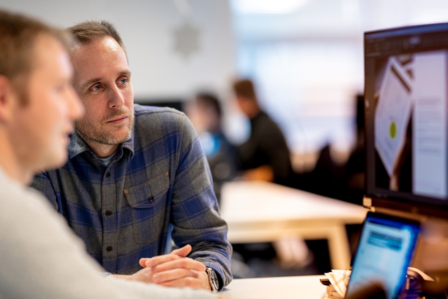 Two colleagues work together sharing a computer screen