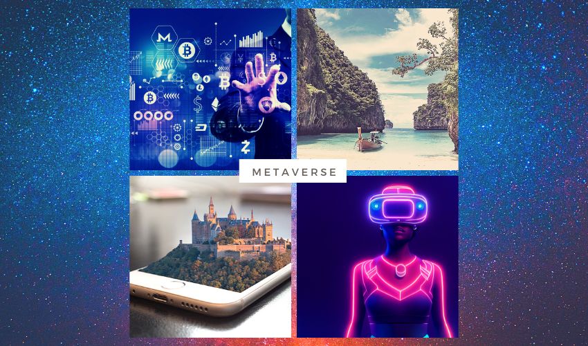 A collage of images showing the metaverse, containing cryptocurrency and virtual reality landscapes